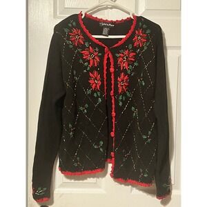 Work in Progress Christmas Cardigan Beaded VNTG embroider 90s Y2K sweater Med